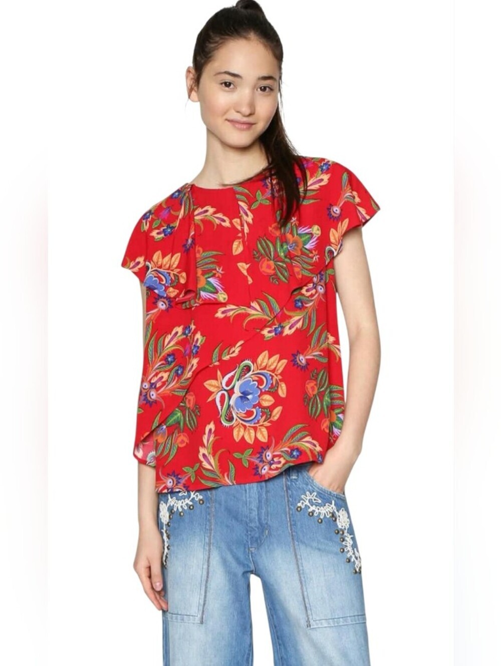 Desigual Red Layered Paisley Blouse Size Large EUC